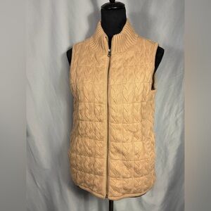 Talbots Vest Womens Camel Brown Cable Knit Zip Front Quilted Lined Wool Blend PS